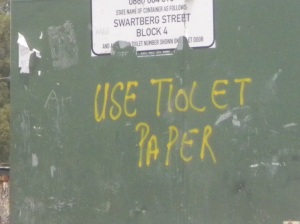 USE TOILET PAPER is painted on the ghetto restroom door in South Africa